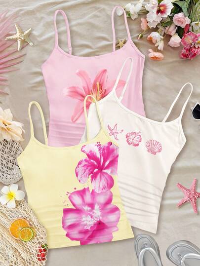 Chill Vacation Tropical Floral Hibiscus, Frangipani, Starfish, Pearl Shell Beach Scene Print, Tween Girl Fitted Casual Sports Racerback Crop Top Basic 3-Piece Set In White, Light Pink, Light Yellow