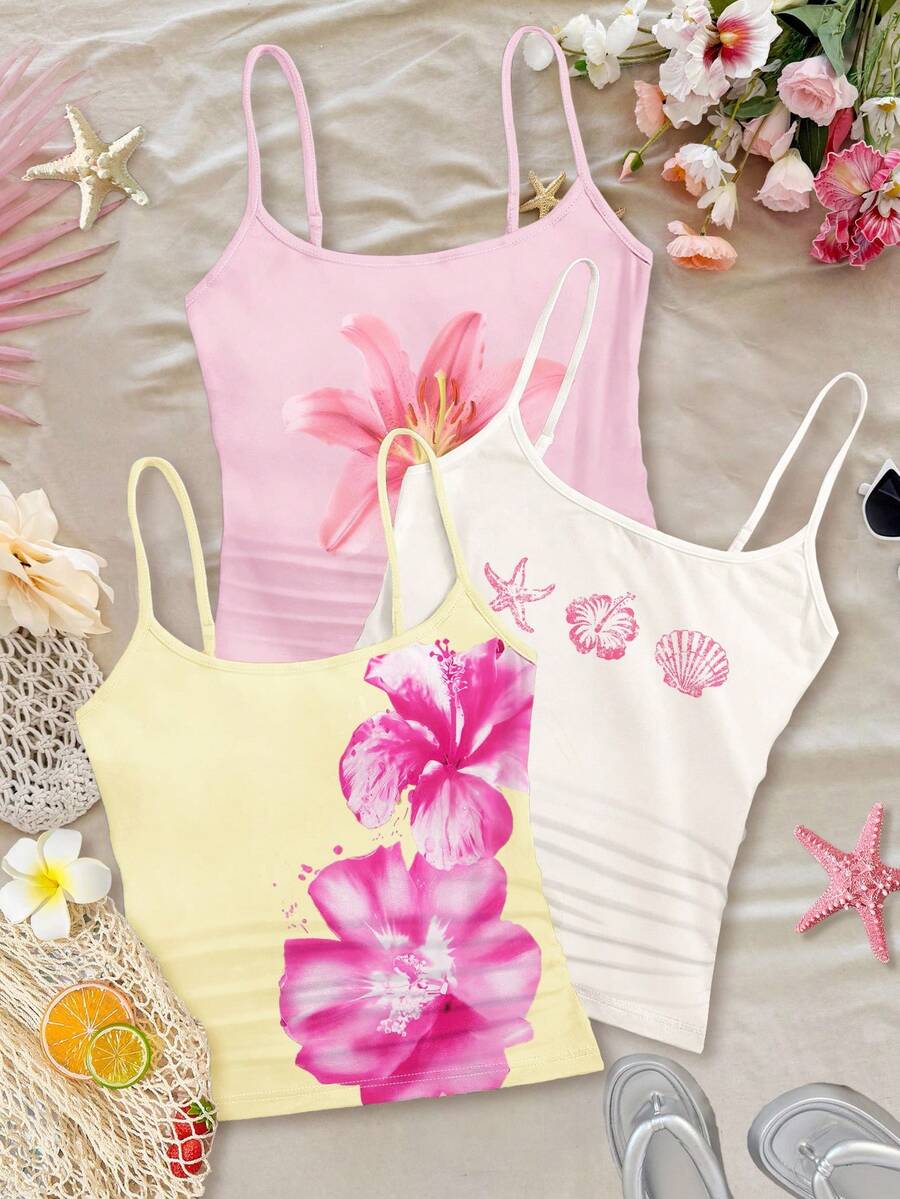 SHEIN Pink And White Summer Cute Vacation Holiday Tween Girl 3-Piece Set,Tropical Floral Hibiscus Shell Beach Scene Print Racerback Crop Tank Tops,White - Multicolor - View 1