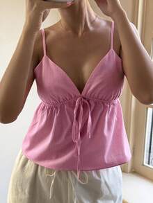 DAZY 女款休閒度假風純色繫帶V領細肩帶夏季上衣 - 粉色 - 查看 5