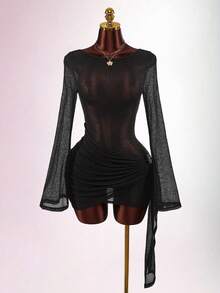 Amplova Vestido mini de cuello alto de manga larga para mujer, vestido casual sexy con espalda descubierta adecuado para picnic y senderismo de primavera - Negro - Ver 2