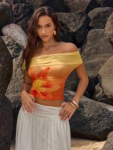 Opulessa Áo dệt kim ôm dáng trễ vai dành cho nữ, thích hợp cho kỳ nghỉ xuân/hè. - Màu Cam cháy - Xem 6