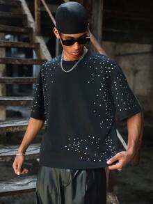 PAVTROS Camiseta casual de hombre con decoración de diamantes, verano - Negro - Ver 4