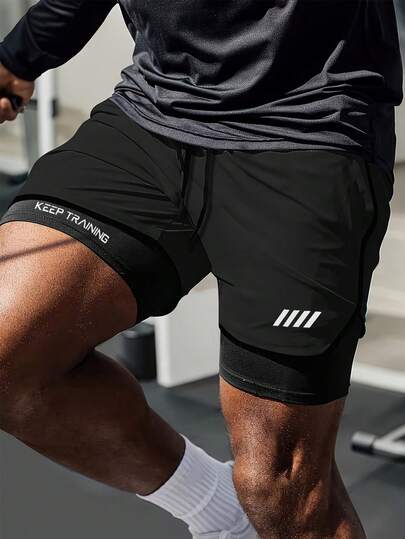 GymBeat 男士休闲字母印花抽绳腰运动短裤，夏季