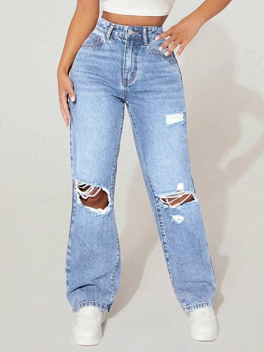 SHEIN PETITE High-Waisted Ripped Loose Y2K Autumn And Winter Warm Jeans Thermal Denim - Light Wash - View 1