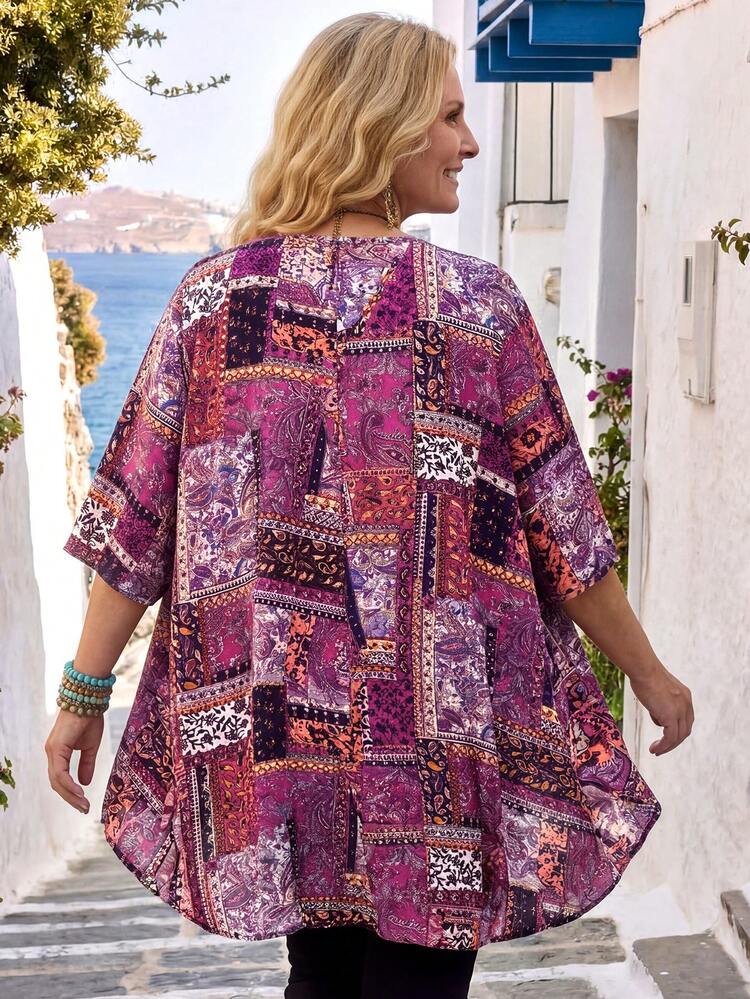 Plus Size Women's Summer Casual Vacation Country  Short Sleeve Allover Print Floral Print Casual Vacation Daily Wear Cardigan,Spring/Summer,Summer\Vacation,Summer Holiday,Spring Break Outfits ,Vacation Outfits Women ,Holiday Outfits For Women,Going Out Outfits,2026 New Clothes,Simple And Fashionable For Everyday Wear,Suitable For Summer, Vacation, Daily Wear,Suitable For Summer, Vacation, Daily Wear,Country Concert Outfit