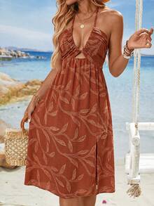 SHEIN Holidaya 夏季度假沙滩V领提花抽绳系带露脐连衣裙 - 橘色 - 查看 3