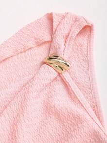 Sweetra French Elegant Asymmetric Shoulder Design Metal Button Accent Textured Knit Dual-Layer Asymmetrical Hem Dress, Fashionable Minimalist Romantic Style For Summer Holiday Party, Young Lady - Pink - View 6