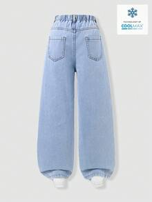 SHEIN Streecool Kids 2026年新款青少年男童四季皆宜天丝牛仔阔腿裤，高腰弹力腰带宽松直筒长裤，轻盈透气，触感凉爽，休闲运动百搭，贴身舒适，日常穿着，度假音乐节必备，酷炫牛仔裤，宽松牛仔裤，浅色水洗牛仔裤，肥大牛仔裤 - 淺色水洗藍 - 查看 5