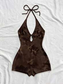 Soleia 休闲简约度假波西米亚风优雅浪漫复古棕色扎染花卉印花图案，适合音乐节、海滩装扮、度假装扮、女士夏季装扮，露背吊带性感连体裤 - 彩色 - 查看 3