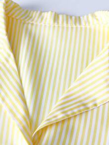 EMERY ROSE Women's Woven Plain Fabric Shirt Collar Straight Short Sleeve Shirt With Full Button Decoration, Casual Daily Wear - Yellow - View 3