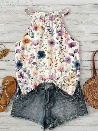 SHEIN LUNE Camiseta de tirantes con cuello halter y estampado floral para mujer, adecuada para primavera y verano