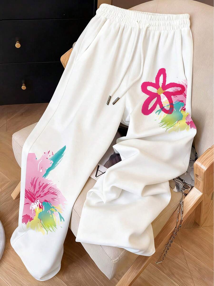 Resyla Dopamine Watercolor Floral Print Drawstring Wide Leg Pants, Y2K Sweet Girl Colorblock Floral Graffiti Loose Casual Pants, Summer Vacation Gradient Watercolor Floral Elastic Waist Trousers, American Retro Artistic Floral Print Straight Leg Wide Pants, INS Trending Colorful Floral Graffiti Slimming Drawstring Sweatpants, Sweet & Cool Splatter Paint Artistic Floral Loose Sporty Pants - White - View 1