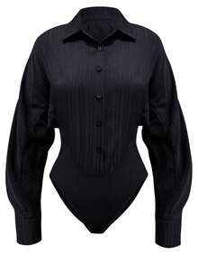 Olithes 大码女式休闲长袖衬衫连体衣 - 黑色 - 查看 3