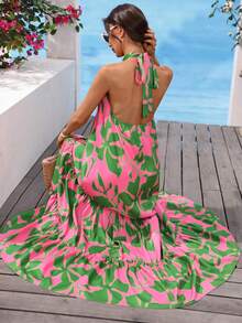 Vivid Eden 女士度假植物图案露背系带连衣裙 - 綠色 - 查看 1