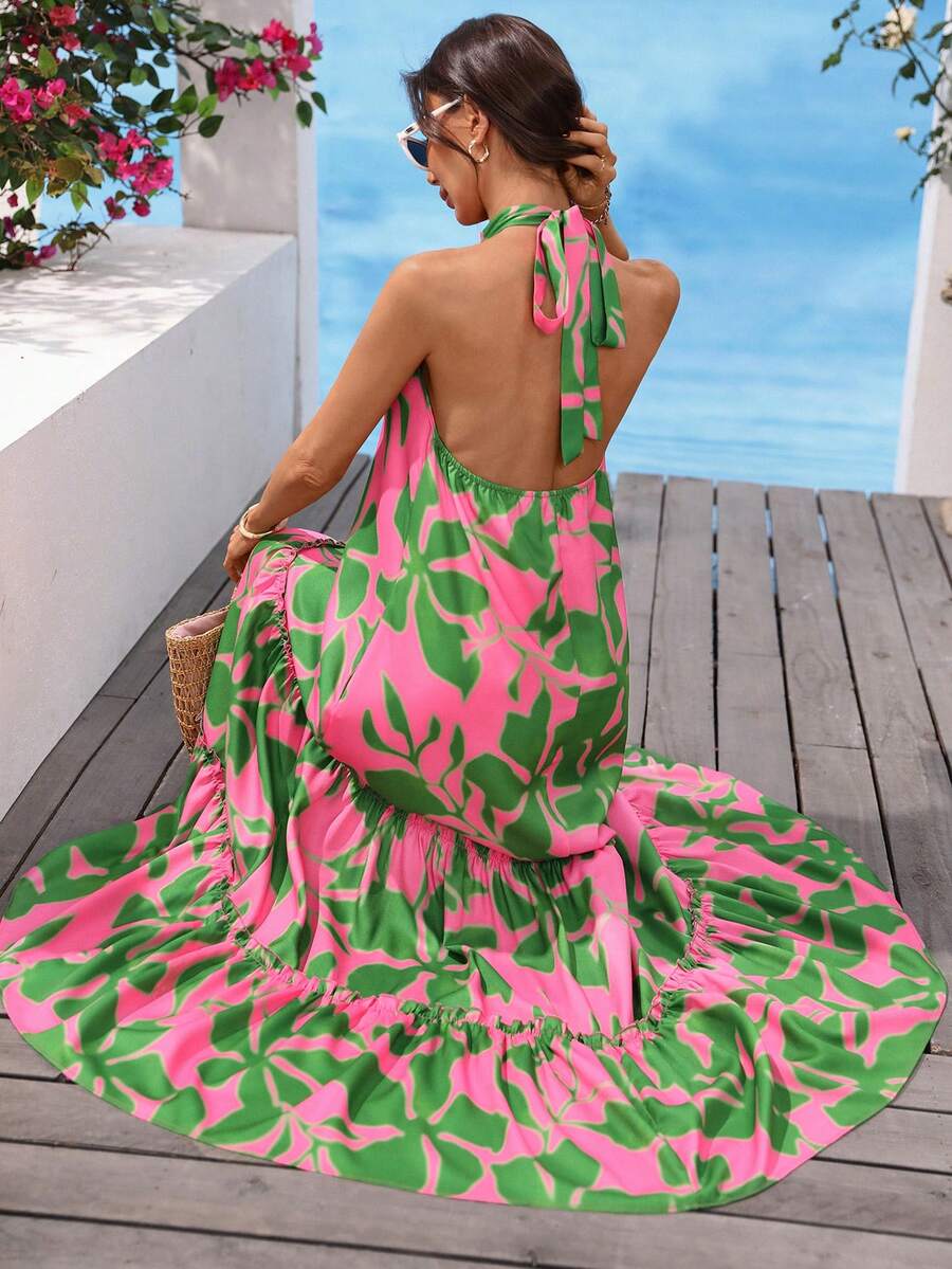 Vivid Eden 女士度假植物图案露背系带连衣裙 - 綠色 - 查看 1