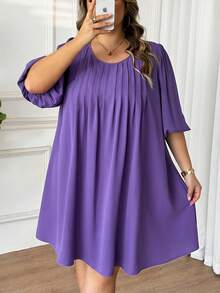 SHEIN CURVE+ 大码女式宽松纯色连衣裙，2026春夏紫色流行色连衣裙 - 紫色 - 查看 6