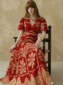 Arave Women's V-Neck Petal Sleeve Waist Cinched A-Line Floral Print Elegant Date Dress - Red - View 4