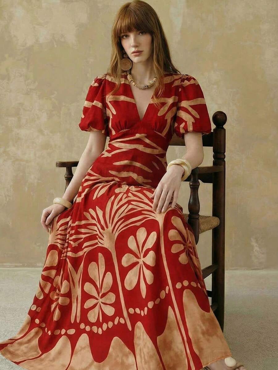 Arave 女士V领花瓣袖收腰A字印花优雅约会连衣裙 - 紅色 - 查看 1