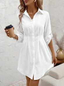 SHEIN Clasi 女士秋冬时尚百搭通勤印花衬衫裙 - 白色 - 查看 2