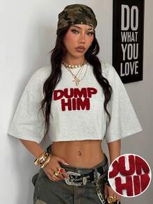 Coolane 女士字母印花落肩短款休闲宽松T恤 - 灰色 - 查看 3