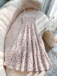 SHEIN Franclia Women's Ditsy Floral Ruffle Hem Sleeveless Dress, Vacation Style - White - View 2