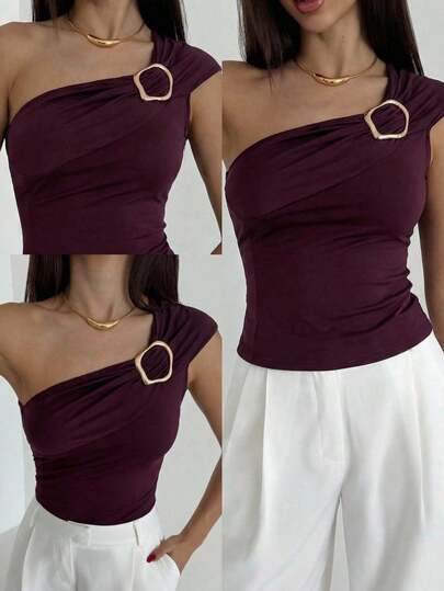 Aloruh Blusa morado-roja sexy de hombros descubiertos para mujer / Top corto sexy / Blusa de vacaciones / Blusa de verano linda / Blusa elegante