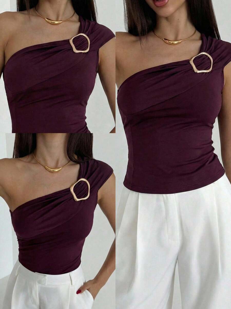 Aloruh 女士新款性感露肩紫红色上衣/性感短款上衣/度假上衣/可爱夏日上衣/优雅上衣 - 中紫紅色 - 查看 1