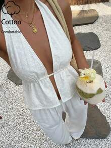 Aloruh Blouse décontractée de vacances pour femmes avec broderie œillet, Top de plage, Top d'été/Débardeur dos nu sexy - Blanc - Voir 2