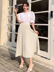 DAZY Rok A-Line Lipit Elegan untuk Wanita, Musim Semi/Panas - Krem - View 5
