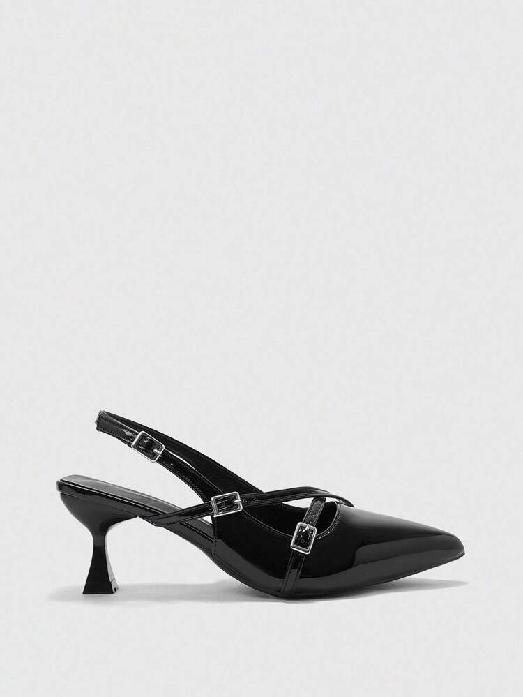 CUCCOO BIZCHIC Women's Pointed Toe Kitten Heel Black Criss-Cross Strap Daily Commute Slip-On High Heel Pumps