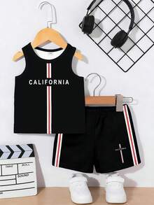 SHEIN Playful Pals 男婴休闲街头风条纹字母印花背心套装（含上衣和黑色短裤），两件套，适合夏季外出穿着 - 彩色 - 查看 3