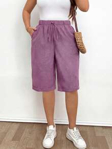 EMERY ROSE Plus Size Women Solid Color Drawstring Waist Pocket Casual Versatile Daily Wear Shorts - Dusty Pink - View 1