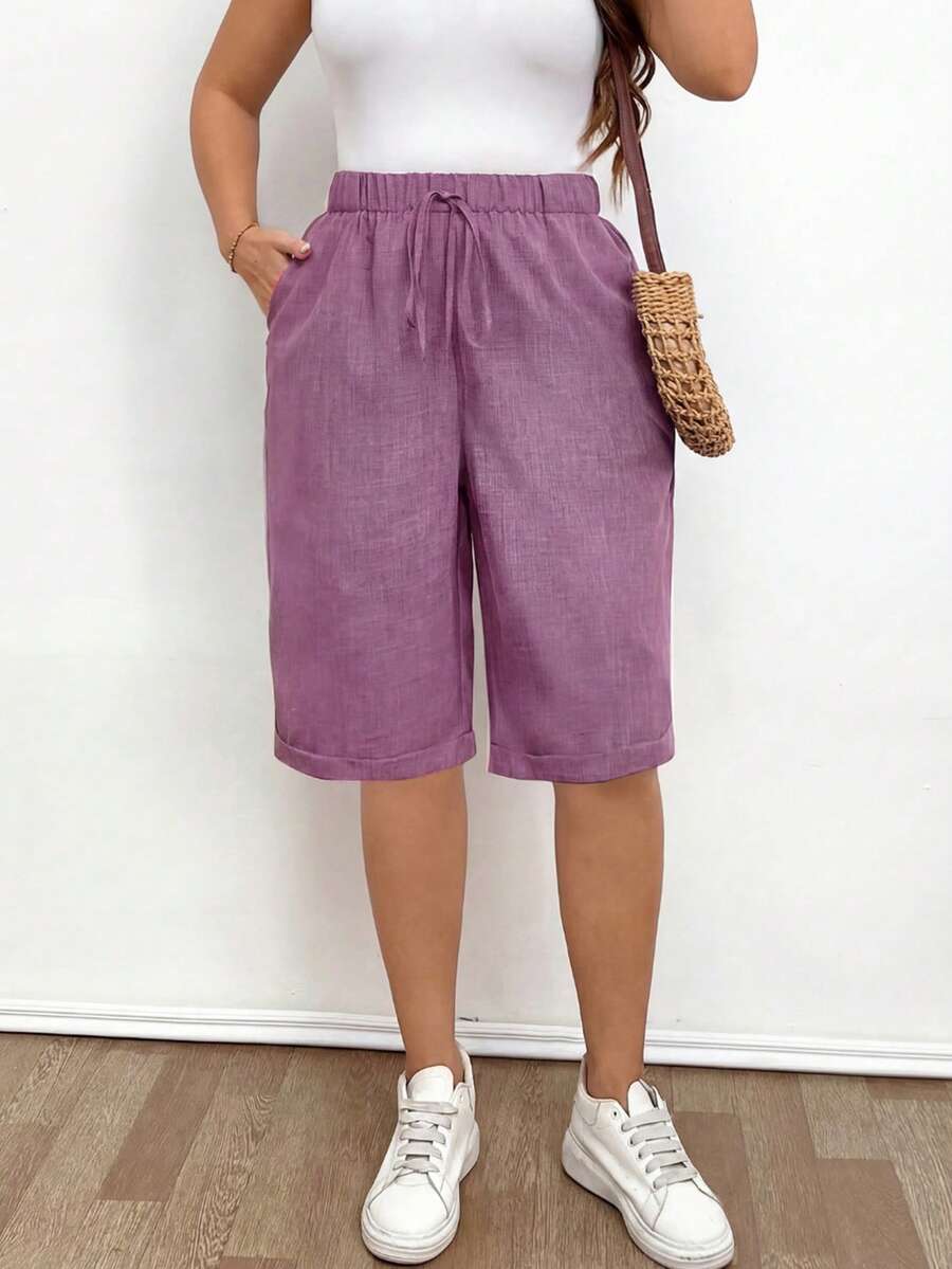 EMERY ROSE Plus Size Women Solid Color Drawstring Waist Pocket Casual Versatile Daily Wear Shorts - Dusty Pink - View 1