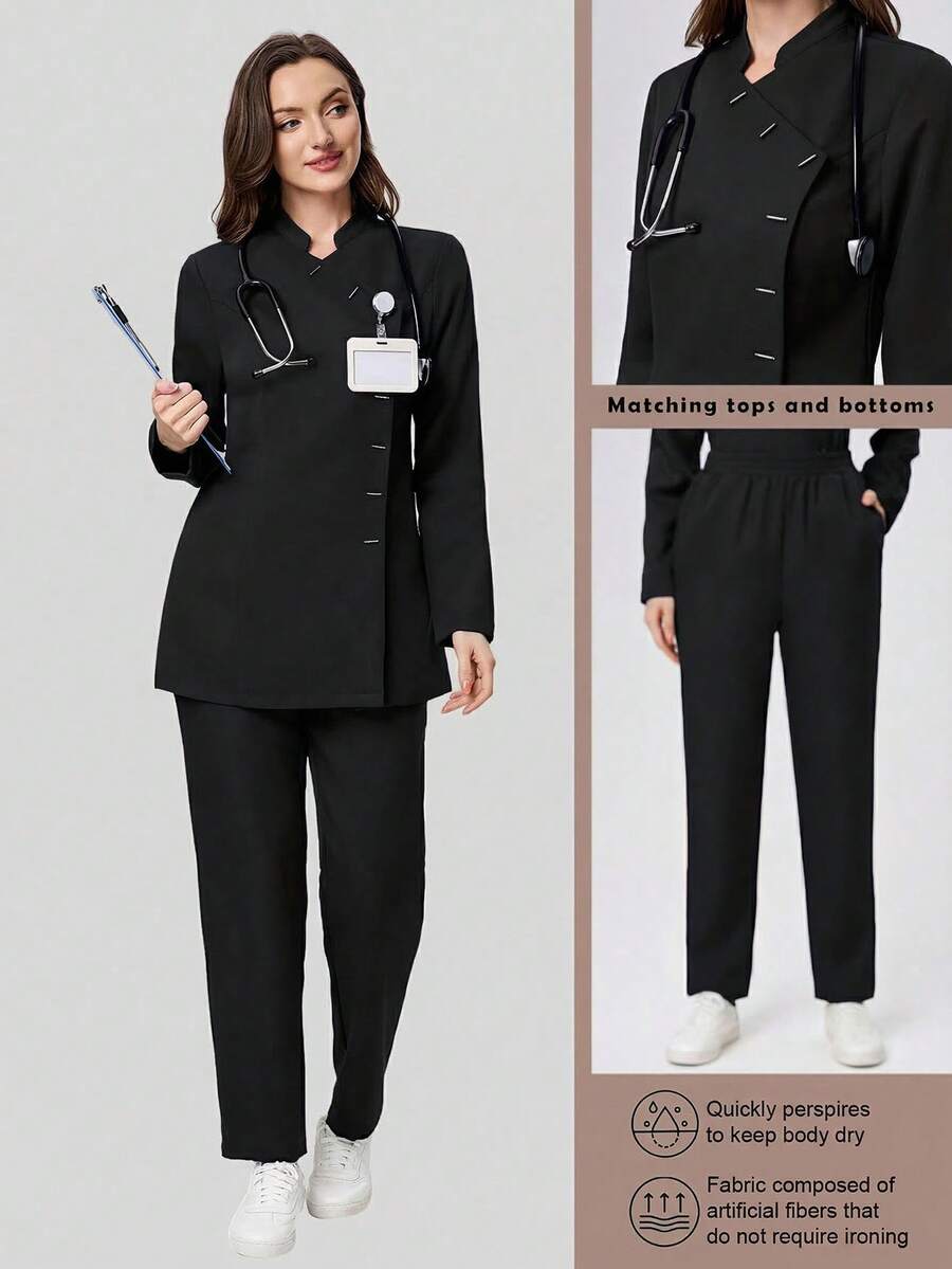 Scrubzie Anti-Wrinkle Stand Collar Long Sleeve Women's Scrub Uniform Top And Pants Set - Black - View 1