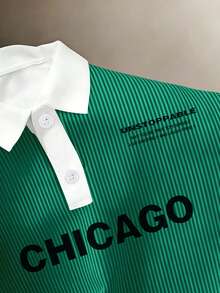Manfinity Joysei Camisa polo de manga corta casual y versátil con rayas y estampado de letras para hombres - Verde Oscuro - Ver 3