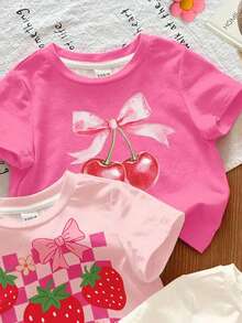 SHEIN LMoss Kids Set de 3 camisetas de manga corta y cuello redondo para niñas bebé, con estampados de frutas de verano, moños, cerezas, limones y fresas, en colores rosa, crema y blanco, ideales para primavera/verano, uso en casa, vacaciones y escuela - Multicolor - Ver 5