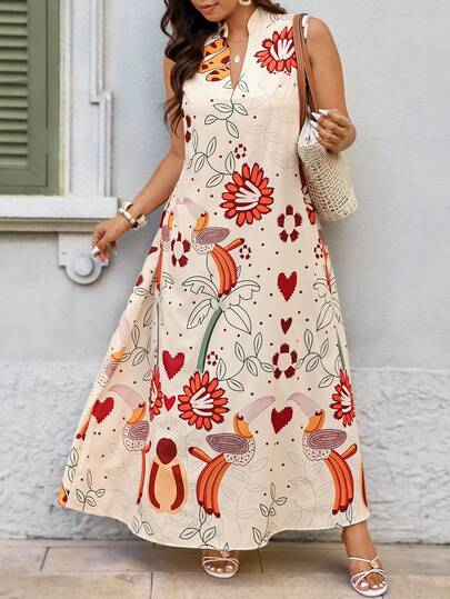 Elenzga Women's Vintage Floral Sleeveless Dress, Suitable For Daily Commute, Art Exhibition, Beach Vacation