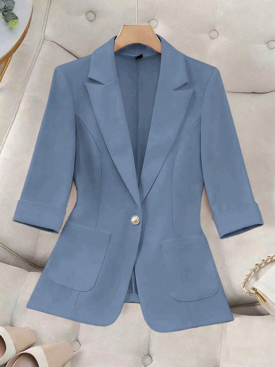 Franclia Áo blazer đơn sắc tối giản, thích hợp mặc thường ngày và đi làm, mùa xuân/hè. - Màu xanh bụi bặm - Xem 1