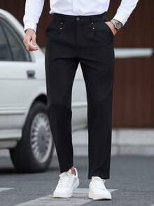 Manfinity Mode 男士黑色西装裤，铆钉腰带设计，商务休闲直筒裤，男士正式高腰裤，男士褶裥西装裤，男士西装裤，万圣节冬季复古男童节日婚礼宾客男士晚宴褶裥西装裤，男士老钱，日常休闲，周末旅行，户外活动，旅行探险，轻松的工作环境或半正式场合，男友/丈夫礼物，周年纪念/生日礼物，派对夏季假期，婚礼，春夏，复活节，男士黑色平面前开襟休闲裤，带口袋，百搭正式休闲装，男士黑色休闲裤，男士长裤，商务裤，黑色裤子，男士休闲裤 - 黑色 - 查看 5