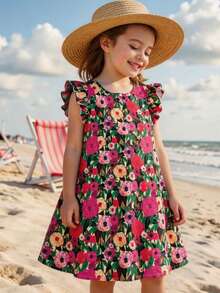 Emery Rose Kids 女童雪纺碎花圆领荷叶边下摆休闲连衣裙 - 米色 - 查看 1