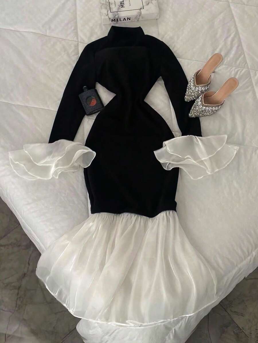 INAWLY 女式优雅派对拼色喇叭袖鱼尾连衣裙 - 黑與白 - 查看 1