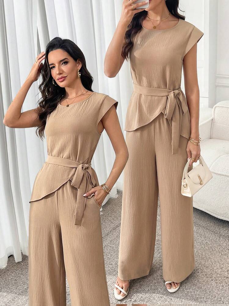 Women's Solid Color Asymmetrical Hem Top & Pants 2 Pieces Set