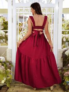 Momance 红色系带腰身宽松下摆连衣裙，简约优雅休闲假日风孕妇装 - 酒紅色 - 查看 2