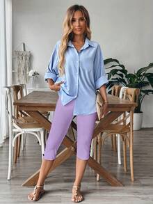 EMERY ROSE Women's Solid Color Minimalist Button Decorated Pants - Purple - View 3