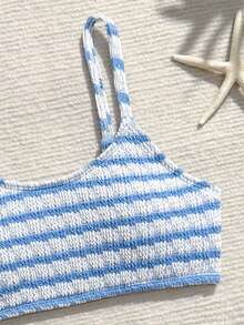 Conjunto de bikini a rayas para niñas preadolescentes, traje de baño triangular casual de poliéster para vacaciones de verano, playa, días festivos - Azul - Ver 3