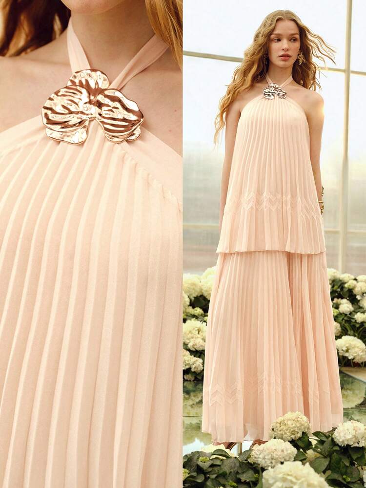 ROBE PLISSÉE ÉLÉGANTE ET ROMANTIQUE À COL ras-du-cou POUR FEMMES, PRINTEMPS/ÉTÉ