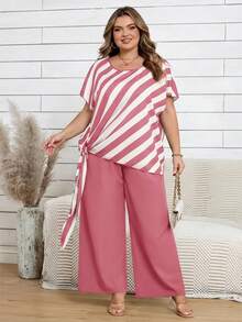 SHEIN CURVE+ Bộ đồ thể thao cỡ lớn, phong cách thường ngày, áo sơ mi kẻ sọc phối màu và quần dài màu trơn/2026/Năm mới - Hồng - Xem 9