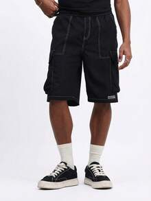SUMWON Men's Cargo Shorts With Contrast Stitching Detail Multiple Pockets Knee Length Casual Summer Streetwear - Black - View 6