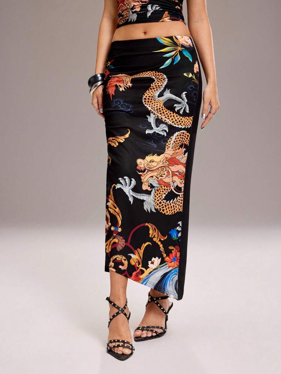 Y2Kool BiGraphic Falda de moda con estampado de dragón chino y abertura lateral - Negro - Ver 1