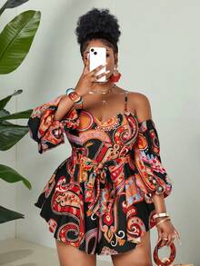 Maweii Mono elegante de talla grande con estampado digital, hombros descubiertos y espalda descubierta - Negro - Ver 1